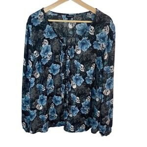 Torrid Shirt‎ Blouse sheer top scull floral plus sz 3 3X v-neck black blue